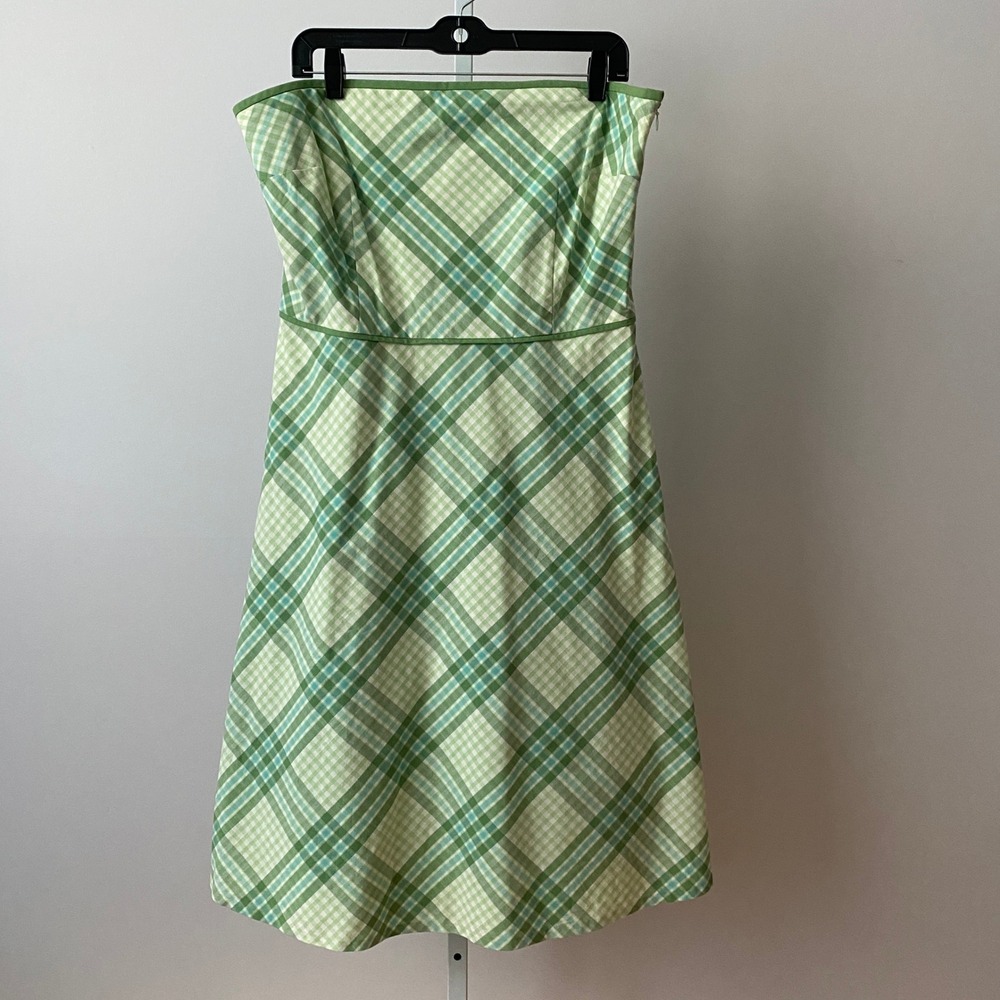Ann Taylor Loft‎ 100% Cotton Preppy Coastal Plaid Strapless Dress 14 Green